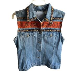 Women's Vintage 90's‎ Aztec Print Embroidered Western Denim Button Down Vest M